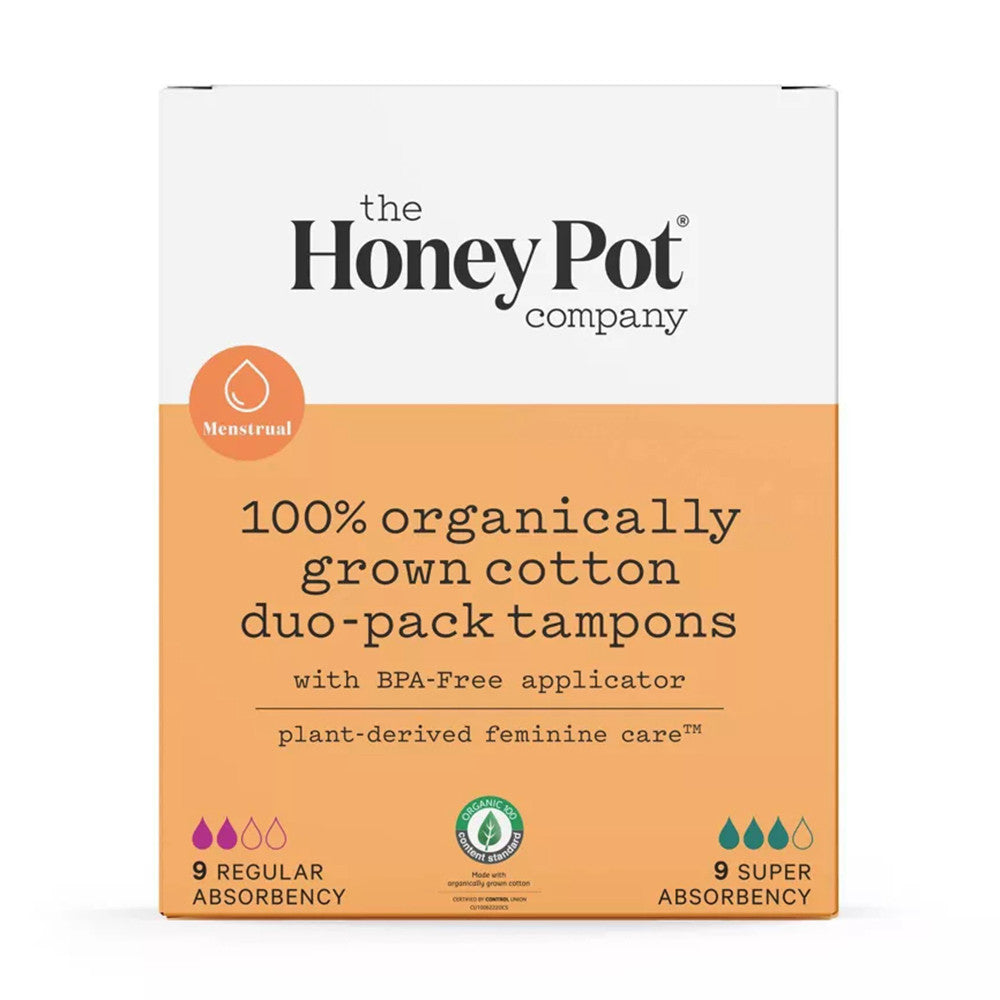 The Honey Pot Company Duo Pack Organic Bio Plastic Applicator Tampon 9 Reg 9 Super, 1 Ea